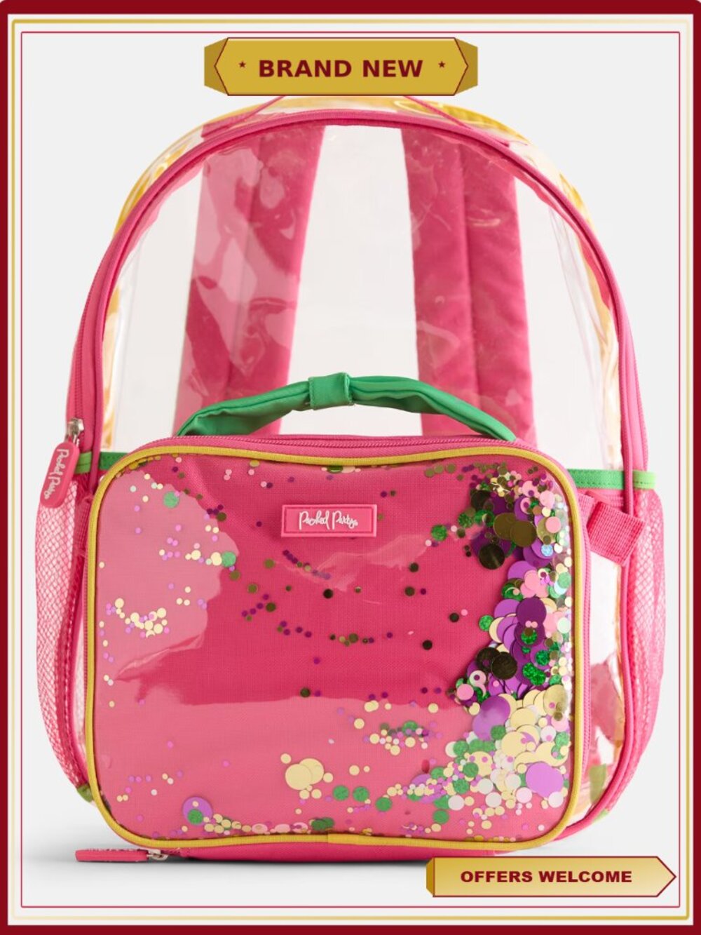 Clear Backpack & Lunch Box Set with Floating Confetti - School, Travel, Everyday